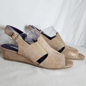 Van Eli Taupe Suede Shimmer Peep Toe Wedge Slingback Sandals Womens Size 9M